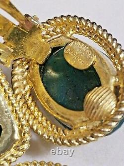 VTG original 1966 signed Christian Dior green cabochon brooch & clip-on earrings