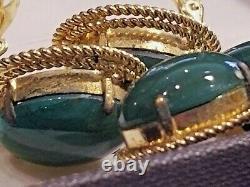 VTG original 1966 signed Christian Dior green cabochon brooch & clip-on earrings