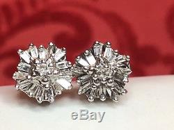 Vintage 10k Gold Genuine Diamond Earrings Signed Av Ballerina Baguettes Flower