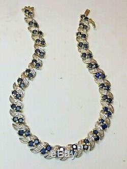 Vintage 10k Yellow Gold Blue Sapphire Cabochon & Diamond Bracelet SIGNED