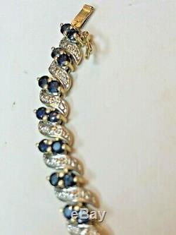 Vintage 10k Yellow Gold Blue Sapphire Cabochon & Diamond Bracelet SIGNED