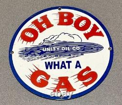 Vintage 12 Oh Boy Unity Oil Porcelain Sign Car Gas Truck Gasoline Motorcycle