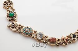 Vintage 12ct Gem Coral Opal CAMEO Diamond 14k Gold Signed Slide Charm Bracelet