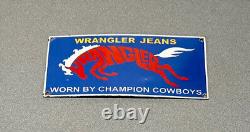 Vintage 14 Wrangler Jeans Cowboy Horse Ranch Porcelain Sign Car Gas Oil Auto