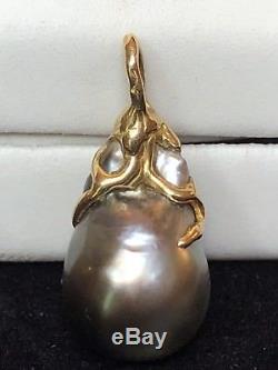 Vintage 14k Gold Black Tahitian Pearl Baroque Diamond Pendant Signed South Sea