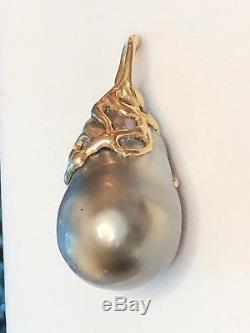 Vintage 14k Gold Black Tahitian Pearl Baroque Diamond Pendant Signed South Sea