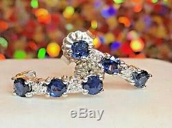 Vintage 14k Gold Blue Sapphire Diamond Earrings J Hook Designer Signed Fina