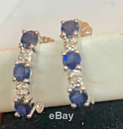 Vintage 14k Gold Blue Sapphire Diamond Earrings J Hook Designer Signed Fina