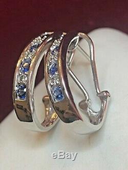 Vintage 14k Gold Blue Sapphire Diamond Earrings Omega French Backs Signed Aj