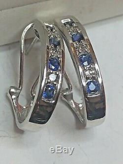 Vintage 14k Gold Blue Sapphire Diamond Earrings Omega French Backs Signed Aj