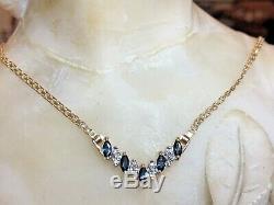 Vintage 14k Gold Blue Sapphire Diamond Necklace Lavaliere Pendant Signed Chevron