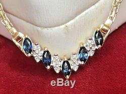Vintage 14k Gold Blue Sapphire Diamond Necklace Lavaliere Pendant Signed Chevron