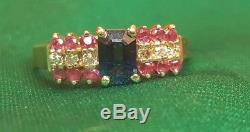 Vintage 14k Gold Blue Sapphire Red Ruby Natural White Diamond Ring Signed LCI