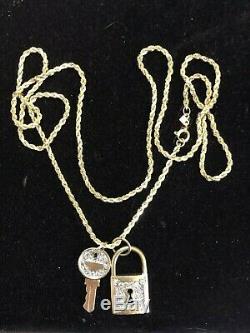 Vintage 14k Gold Chain Necklace Pendant Genuine Diamond 14k Lock Key Signed Or