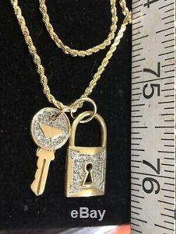 Vintage 14k Gold Chain Necklace Pendant Genuine Diamond 14k Lock Key Signed Or