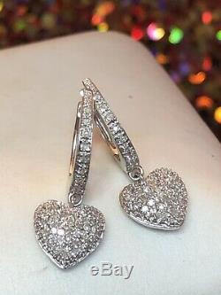 Vintage 14k Gold Diamond Heart Earrings Designer Signed Mmj Pave Set Drop Dangle