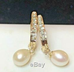 Vintage 14k Gold Diamond Pearl Earrings Wedding Bridal Hoop Designer Signed Slc