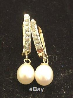 Vintage 14k Gold Diamond Pearl Earrings Wedding Bridal Hoop Designer Signed Slc
