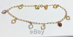 Vintage 14k Gold Gemstone Bracelet Designer Signed Beverly Hills Hearts Charms