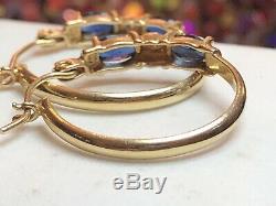 Vintage 14k Gold Genuine Blue Sapphire Diamond Earrings Hoops Wedding Signed Aj
