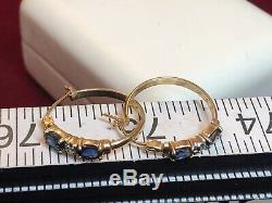 Vintage 14k Gold Genuine Blue Sapphire Diamond Earrings Hoops Wedding Signed Aj