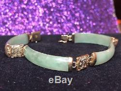 Vintage 14k Gold Genuine Green Jade Jadeite Bracelet Chinese Signed Cn Gemstone