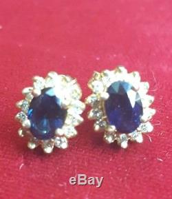 Vintage 14k Gold Genuine Natural Blue Sapphire & 28 Diamonds Earrings Signed