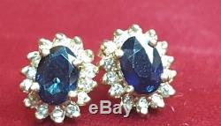 Vintage 14k Gold Genuine Natural Blue Sapphire & 28 Diamonds Earrings Signed