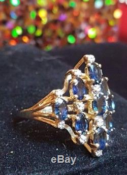 Vintage 14k Gold Genuine Natural Blue Sapphire Diamond Ring Designer Signed Sj
