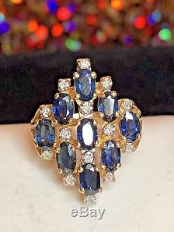Vintage 14k Gold Genuine Natural Blue Sapphire Diamond Ring Designer Signed Sj