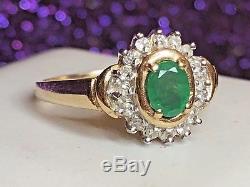 Vintage 14k Gold Genuine Natural Emerald & Halo Diamond Ring Wedding Signed
