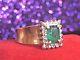 Vintage 14k Gold Genuine Natural Green Emerald & Diamond Ring Signed Aj Halo