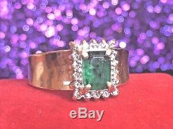 Vintage 14k Gold Genuine Natural Green Emerald & Diamond Ring Signed Aj Halo