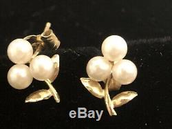 Vintage 14k Gold Grape Cultured Pearl Earrings Wedding Bridal Signed Tc Stud