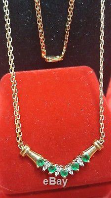 Vintage 14k Gold Green Emerald & Diamond Necklace Pendant Signed C J Chevron