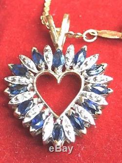 Vintage 14k Gold Heart Pendant Blue Sapphire Diamond Signed Alwand Vahan