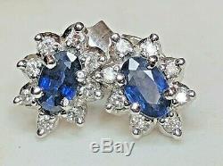 Vintage 14k Gold Natural Blue Sapphire Diamond Earrings Signed Ok Engagement