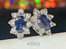 Vintage 14k Gold Natural Blue Sapphire Diamond Earrings Signed Ok Engagement