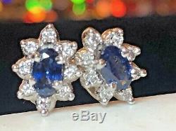 Vintage 14k Gold Natural Blue Sapphire Diamond Earrings Signed Ok Engagement