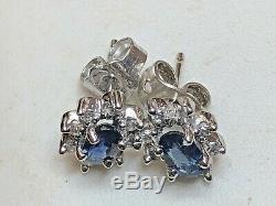 Vintage 14k Gold Natural Blue Sapphire Diamond Earrings Signed Ok Engagement