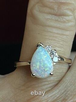 Vintage 14k Gold Natural Opal & Diamond Ring Gemstone Designer Signed Hb