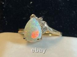 Vintage 14k Gold Natural Opal & Diamond Ring Gemstone Designer Signed Hb