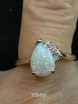 Vintage 14k Gold Natural Opal & Diamond Ring Gemstone Designer Signed Hb