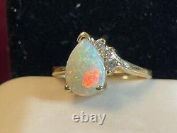 Vintage 14k Gold Natural Opal & Diamond Ring Gemstone Designer Signed Hb