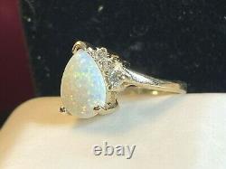 Vintage 14k Gold Natural Opal & Diamond Ring Gemstone Designer Signed Hb