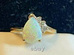 Vintage 14k Gold Natural Opal & Diamond Ring Gemstone Designer Signed Hb