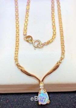 Vintage 14k Gold Opal Diamond Pendant Necklace Lavalier Chevron Signed CI