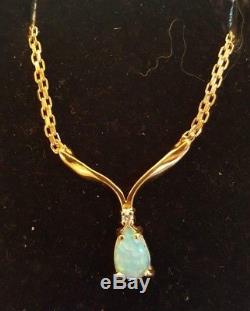 Vintage 14k Gold Opal Diamond Pendant Necklace Lavalier Chevron Signed CI