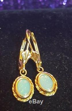 Vintage 14k Gold Opal Gemstone Earrings Drop Dangle Designer Signed VD Victorian