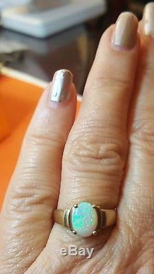 Vintage 14k Gold Opal Ring Gemstone Designer Signed Kf Iridescent Multi Color